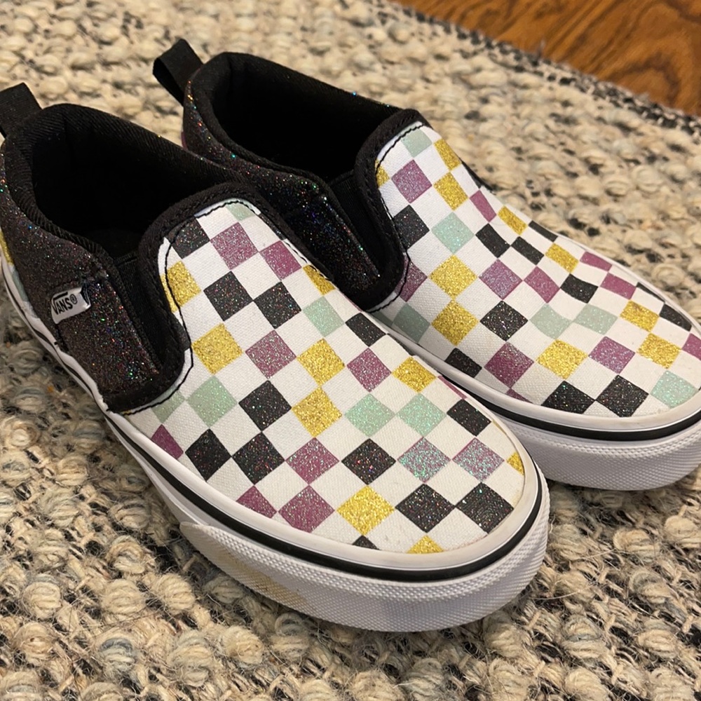 Vans Girls Glitter Checkered SlipOns - Worn once!!